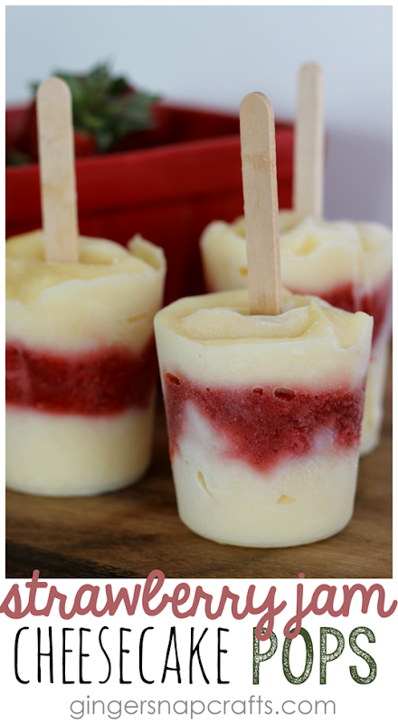 Strawberry Jam Cheesecake Pops at GingerSnapCrafts.com #cheesecake #strawberries #popsicles #recipe