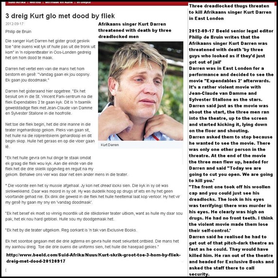 Darren Kurt death threat three dreadlocked males East London Sept 16 2012