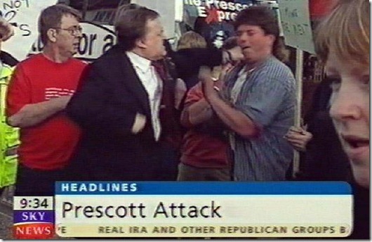 ELECTION Prescott/video 2...VIDEO IMAGE FROM SKY NEWS : **We are advised that video-grabs should not be used by daily papers later than 48 hours after the broadcast of the programme, without consent of the copyright holder. ALL TV AND INTERNET OUT. ** Deputy Prime Minister John Prescott, reacts after having an egg thrown at him, as he arrives at the Little Theatre, in the North Wales seaside resort of Rhyl Wednesday May 16, 2001, where he was to address a Labour Party rally.