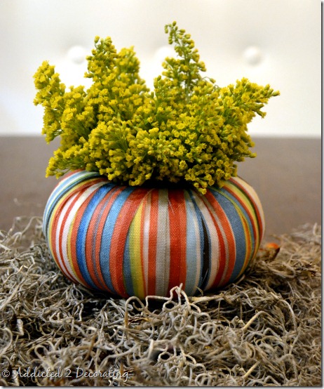 miniature pumpkin vase--mod podge fabric strips
