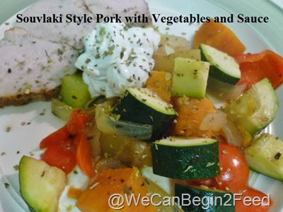 Souvlaki Style Pork with Vegetables and Sauce