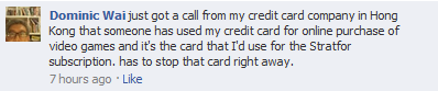 Messaggio di Facebook relative alla carta di credito utilizzata per acquistare videogiochi