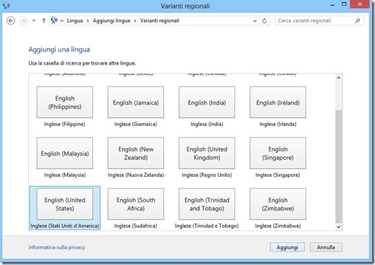 Aggiungi lingua all'elenco Windows 8