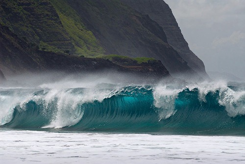 Large waves breaking on Kalaupapa leper colony beach on Molokai