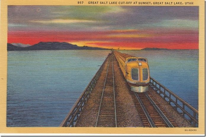 Great Salt Lake Cut-Off at Sunset, Great Salt Lake, Utah Postcard pg. 1 - 1936