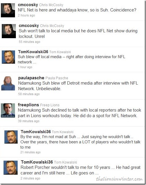 Twitter reactions from Chris McCosky, Paula Pasche, Dave Birkett, and Tom Kowalski after Ndamukong Suh blew off Detroit media on the heels of an NFL Network interview.