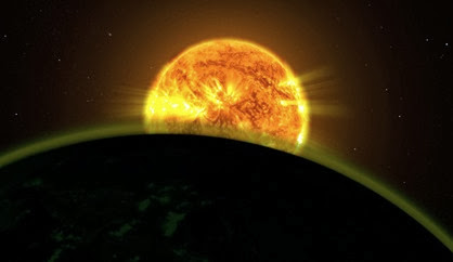 a luz de uma estrela iluminando a atmosfera de um planeta
