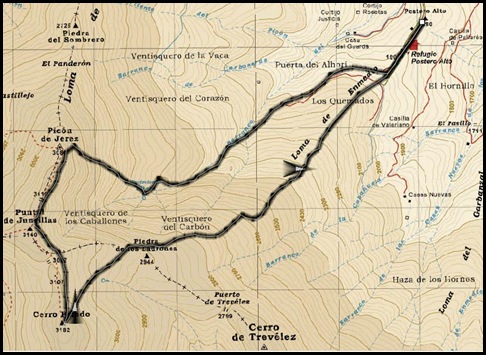 Mapa Picon de Jerez 3090m, Puntal de Juntillas y Cerro Pelao 3181m (Sierra Nevada)