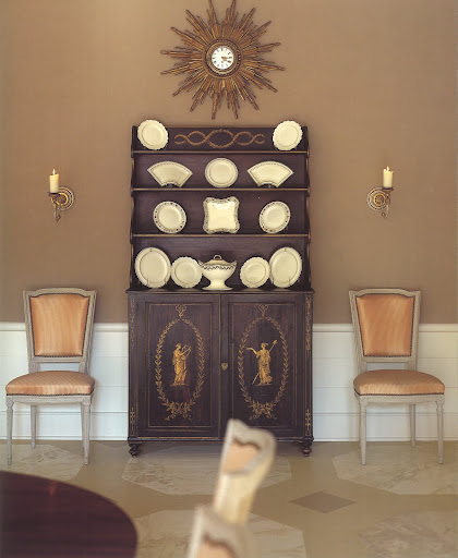 This is the dining room of Sunsong, a 1940s cottage on the old Floridian seaside.  The creation of this floor was inspired by sea shells in various shades of brown.  It sets a perfect stage for this collection of sepia-decorated creamware.
