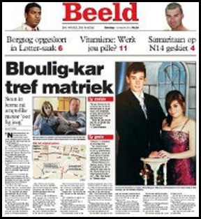 FERREIRA AFRIKAANS YOUTH MOWED DOWN BY BLUELIGHT MEC CAR BEELD FRONTPAGE