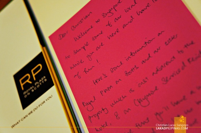 Handwritten Welcome Note at the Royal Plaza on Scotts Singapore