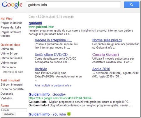 Opzioni di ricerca Google disposte nel lato sinistro della pagina