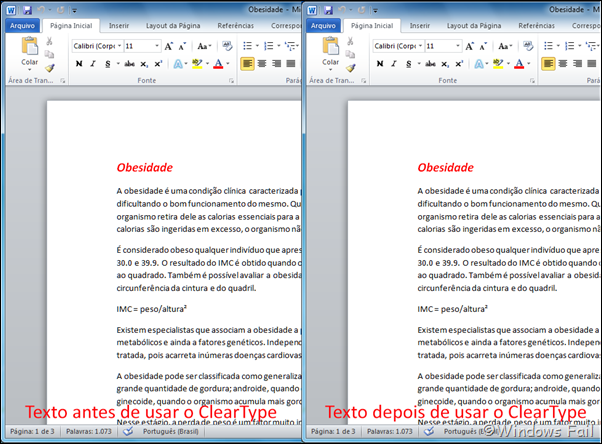 Texto antes e depois de utilizar o ClearType