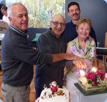 Also celebrating their Birthdays were Bob McNab (left);  Dennis Lyons; Peter Littlejohn; and Diane Lyons. Peter was commissioned to make the magnificent Birthday Cake for Dennis and Diane and we see them here at the cake cutting ceremony.
