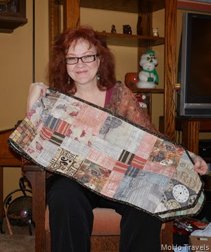 and a table runner with steampunk fabric for Melody