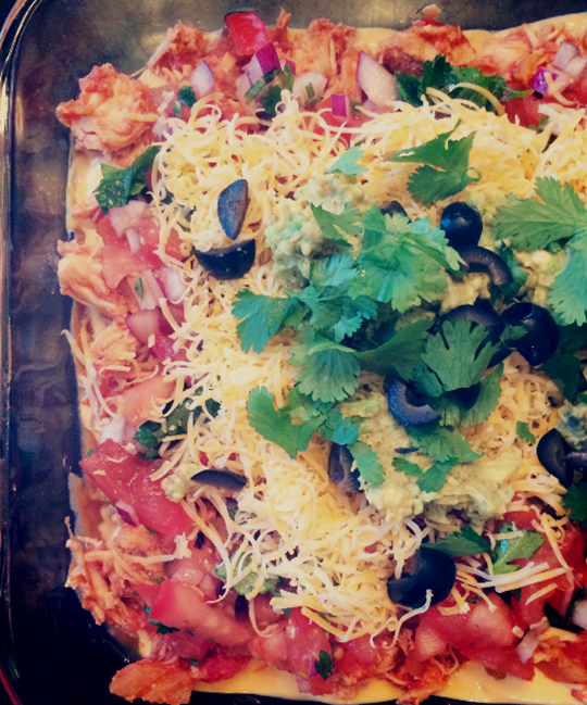 Salsa Chicken and Queso 7 Layer Dip