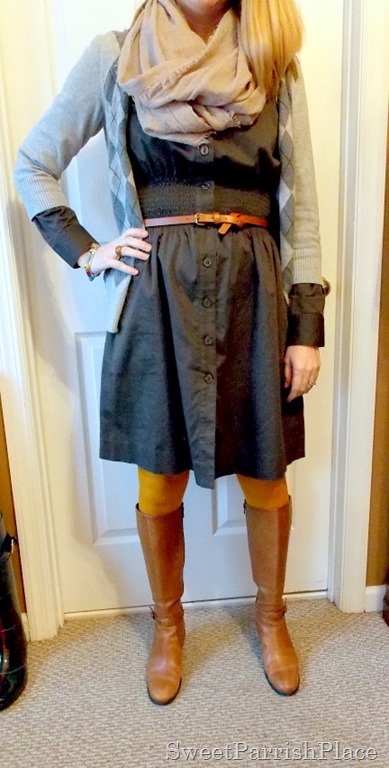 grey dress with mustard tights and brown boots4