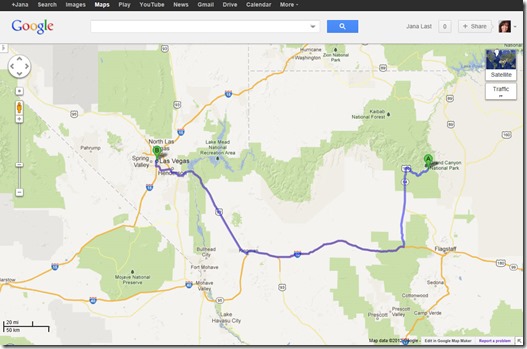 Googlemap from Grand Canyon to Las Vegas