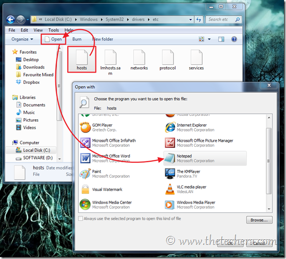 open hosts file with Notepad