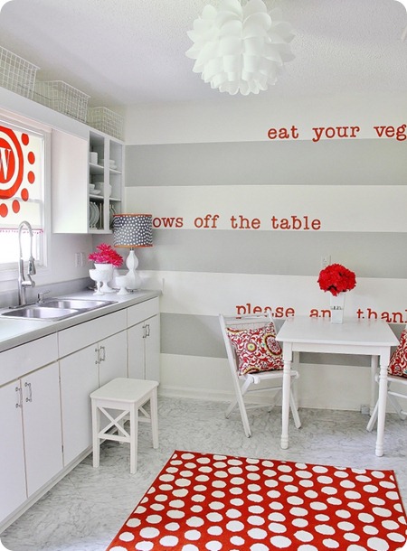 Fun gray and red kitchen