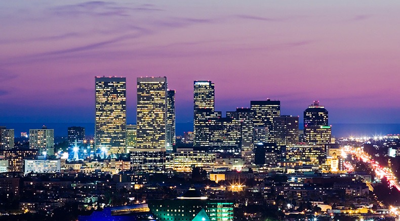los angeles skyline at dusk. view of century city