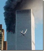 TRADE CENTER CRASH-A-RETRANSMITTING FOR IMPROVED CROP - A jet airliner is lined up on one of the World Trade Center towers in New York Tuesday, Sept. 11, 2001. ATAQUE TERRORISTA EN ESTADOS UNIDOS. AVION FRENTE TORRES GEMELAS DE NUEVA YORK