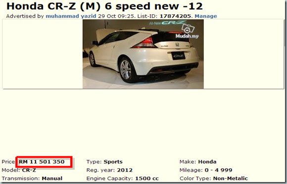 Honda CR-Z  M  6 speed new - Cars for sale Selangor - Mudah.my-132631