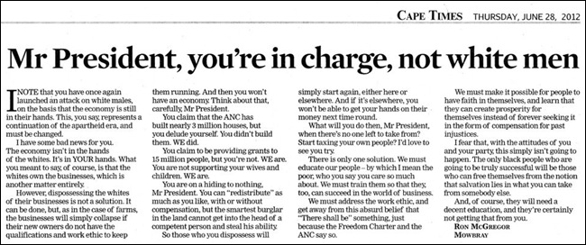 ZUMA YOU ARE IN CHARGE NOT WHITE MEN CAPE TIMES JUNE 28 2012