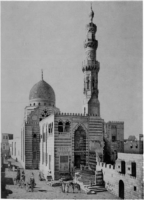 Religious-funerary complex of Qaitbay, 15th century. At this point Cairo architectural programs were guided by interest in fundamental Mamluke architectural forms. Balance was conferred on an angular, seemingly asymmetrical complex by details such as the intncate carvings on the minaret and dome.