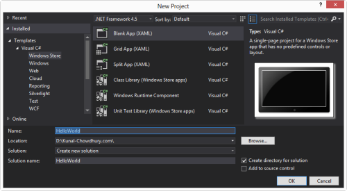 Create HelloWorld Windows Store app in Visual Studio 2012