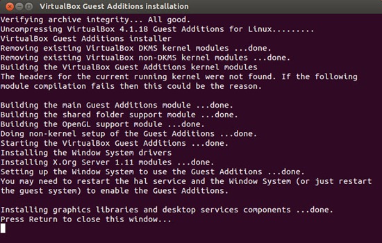 Proses instalasi VirtualBox Guest Additions telah selesai