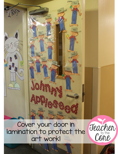 Lamination Trick! Cover your door. The art wont get snagged and torn by little legs, hands, or backpacks!