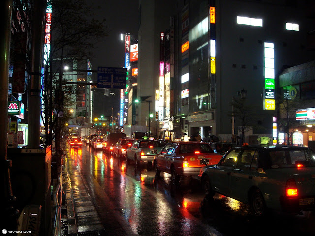 beautiful night shot in shinjuku during a drizzle in Shinjuku, Japan 