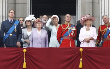 Queen Elizabeth II Watching The Traditional Trooping The Color &  Royal Air Force Fly-Past Ceremony