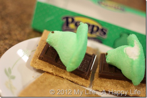 Peep Smores - Chocolate, Green Peeps and Graham Crackers