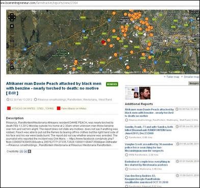 PEACH Dawie Farmitracker report torching attack with benzine no motive Rikasrus smallholdings Feb132012