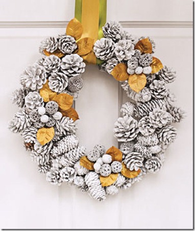 Winter wreath--spray painted white pine cone wreath with gold accents