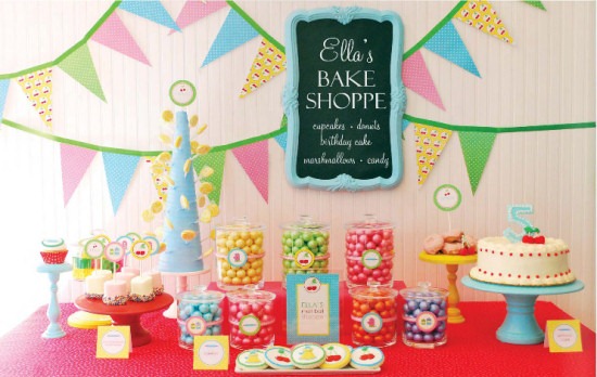 party planning idea using bright colors, a candy and sweets bar, colorful pennant bunting