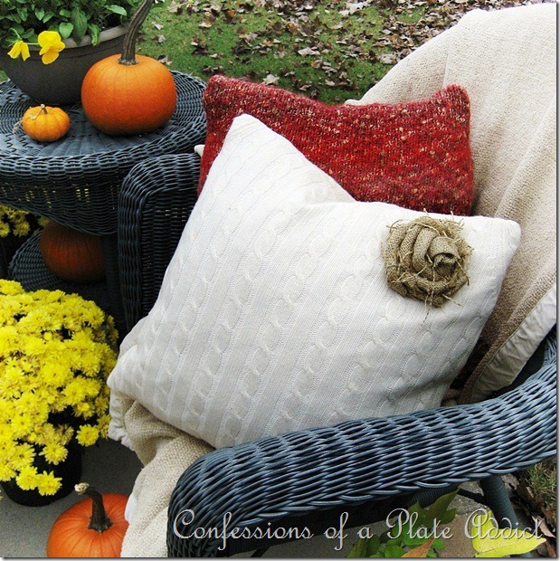 Confessions of a Plate Addict - Sweater Pillows and Burlap Rose Tutorial