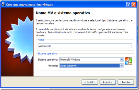 VirtualBox Nome MV e sistema operativo 