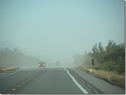 Dust blowing across highway on our way to Sunscape RV Park to visit LoPo and NoPo.
