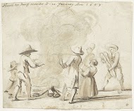 Groep figuren, zich warmend aan een vuur