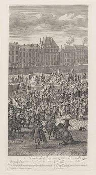 Voorkant van de stoet van Koning Lodewijk XIV van Frankrijk en zijn gevolg op de Pont-Neuf
