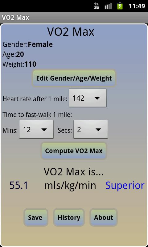 Android application VO2 Max Calculator screenshort