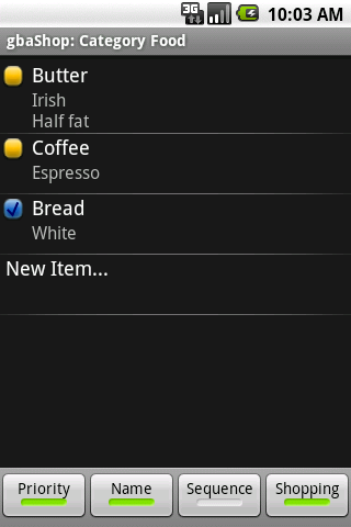 Android application gbaShop Shopping List screenshort