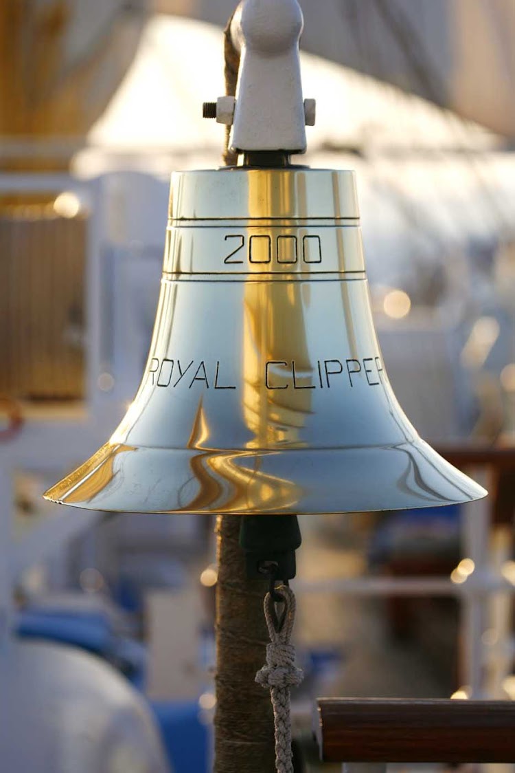 The bell on the main deck of Royal Clipper commemorates its maiden voyage in 2000.