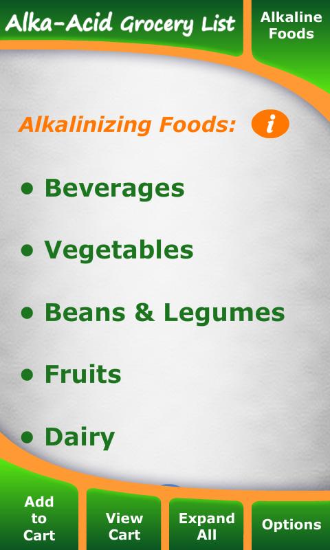 Android application Alkaline &amp; Acidic Grocery List screenshort