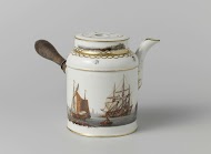 Chocoladekan met houten handvat, beschilderd met riviergezicht met schepen