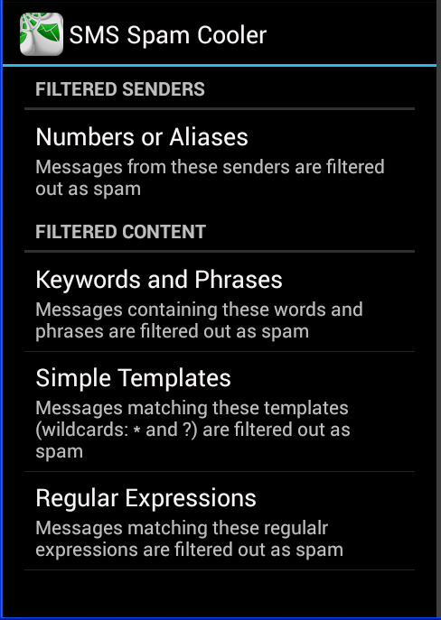 Android application SMS Spam Cooler screenshort