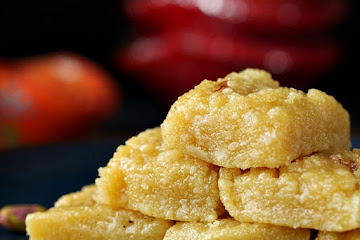 Vegan Kesar Burfi - Almond Semolina Fudge flavored with Saffron